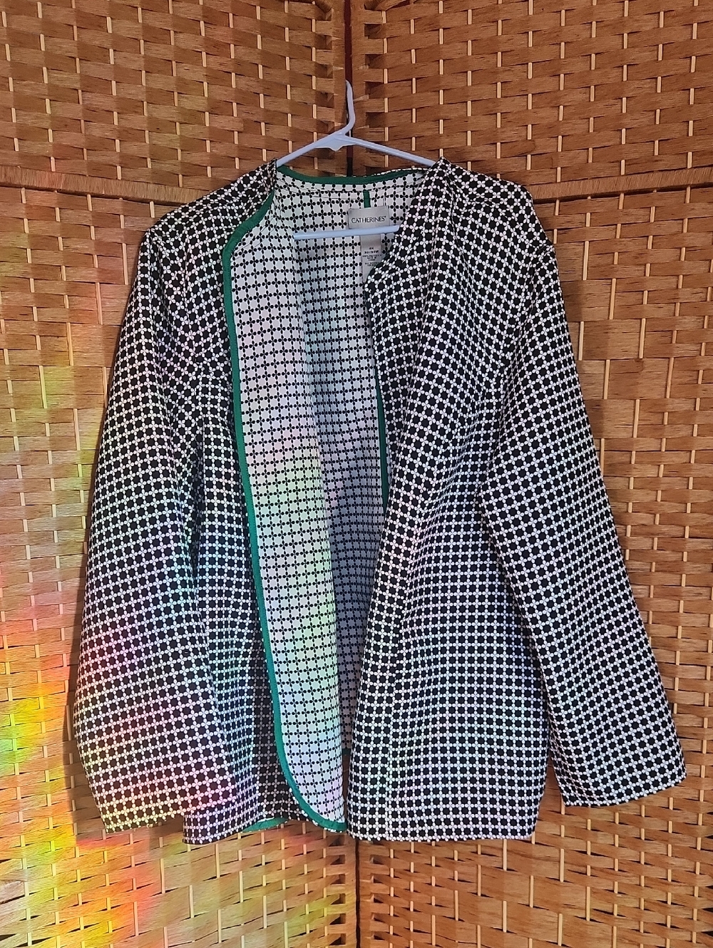 CATHERINES, Women's Black & White Geometric, Office Open Blazer with Green Trim